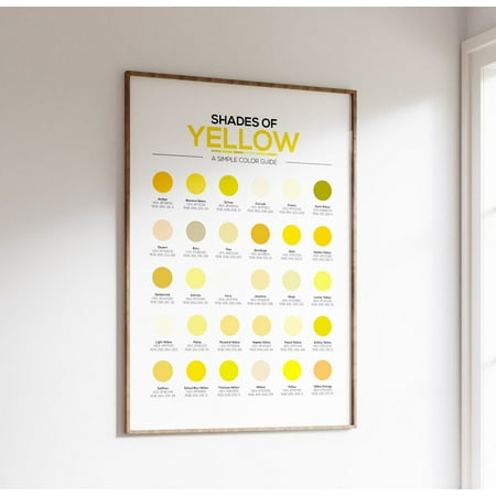 Different Shades Of Yellow Color Chart With 30 Different Hex Color Codes And Rgb Numbers. Quick Reference Chart For Designers Or As Wall Art Wall Art, Modern Wall Decor, 8x12 UNFRAMED