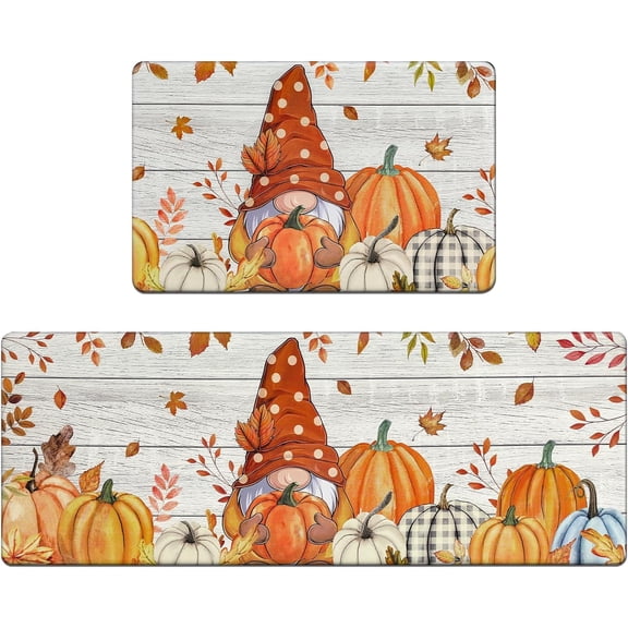 Bsmathom Fall Anti Fatigue Kitchen Rug Sets 2 Piece, Non Slip Waterproof Thick Cushioned Kitchen Rugs and Mats Set of 2, Pumpkin Thanksgiving Kitchen Runner Carpet Comfort Standing Mat