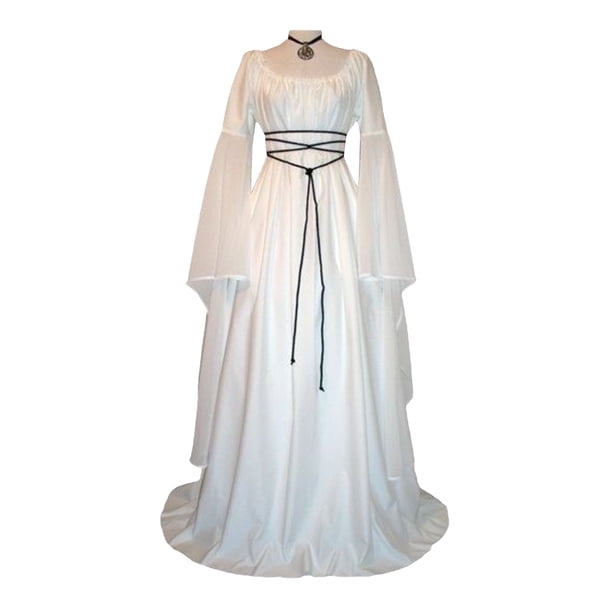Qarigey Vestido maxi con cinturón de fiesta de manga larga y cuello para mujer Disfraz de Halloween Cosplay Vestidos blanco XXL