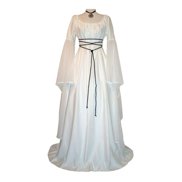 Guardurnaity Vestido largo liso de manga larga con cuello para mujer disfraz de Halloween Cosplay inteligente Vestidos blanco XXL