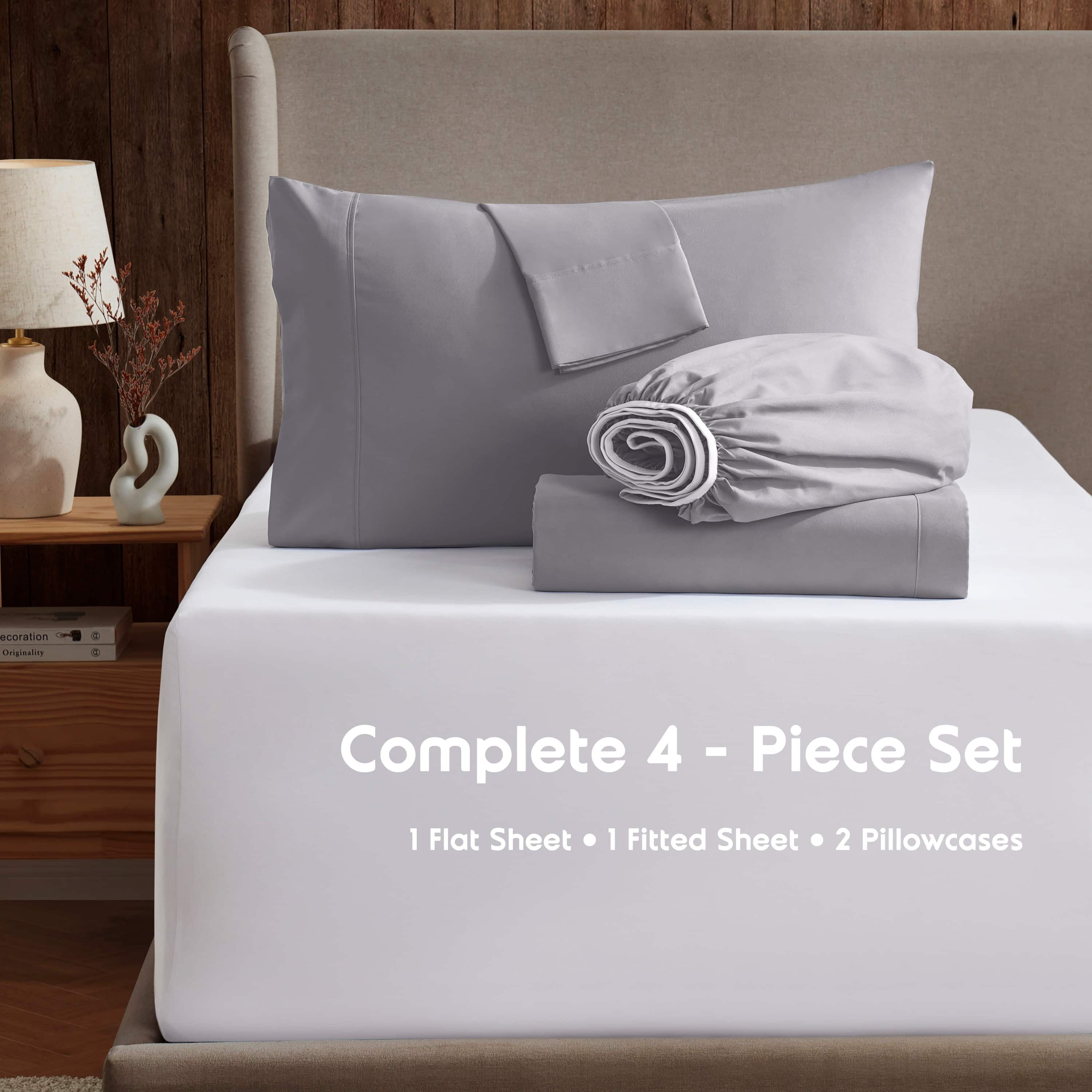 LammaLoe Extra Deep Pocket Queen Sheets Set, 4 Piece, Fits 18"-24" Mattress, Breathable & Extra Soft Bed Sheets, Light Grey Lavender