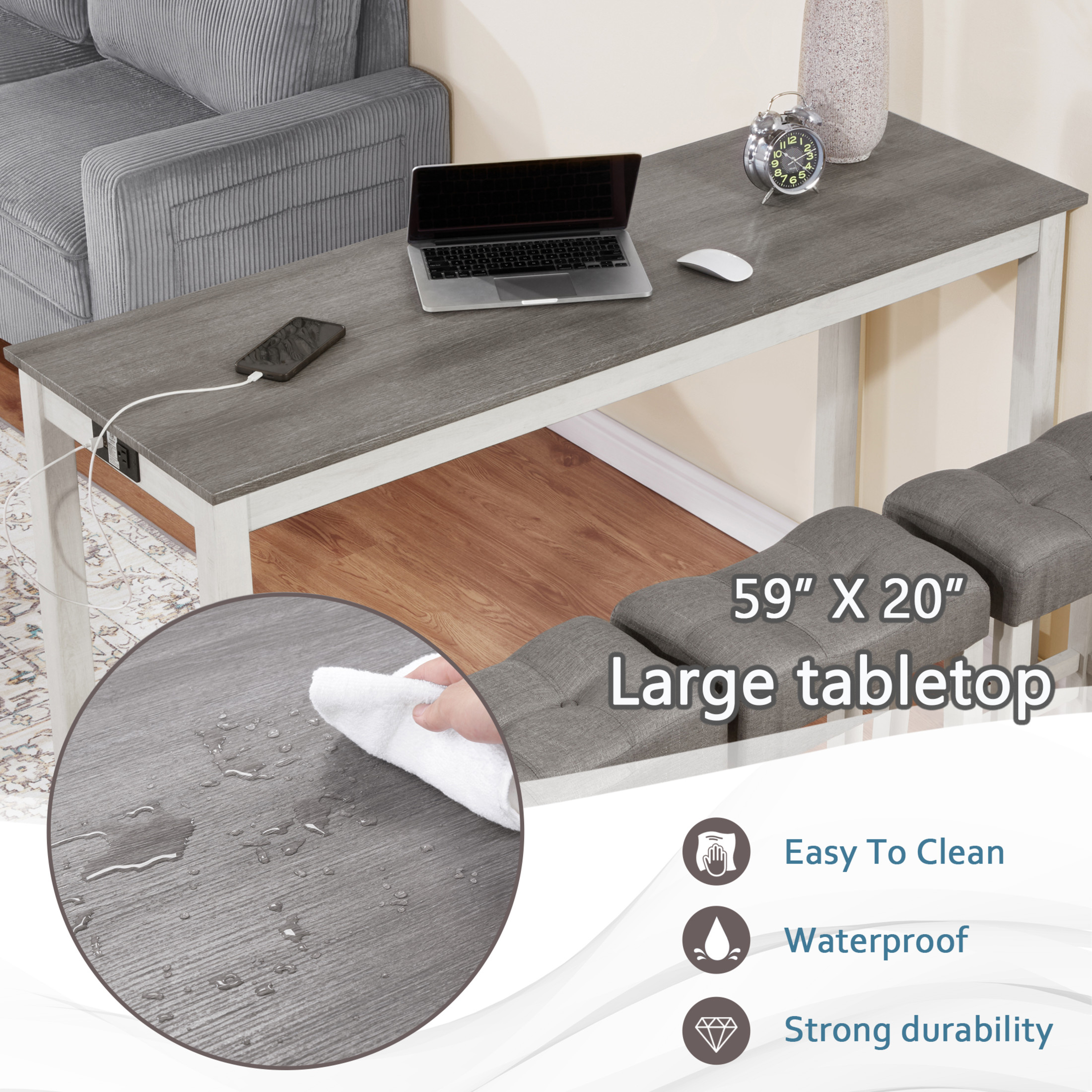 Noble House 35.5"H Dining Bar Table Set with Power Outlet, Upholstered Counter Stools for 3, Gray+White Finish