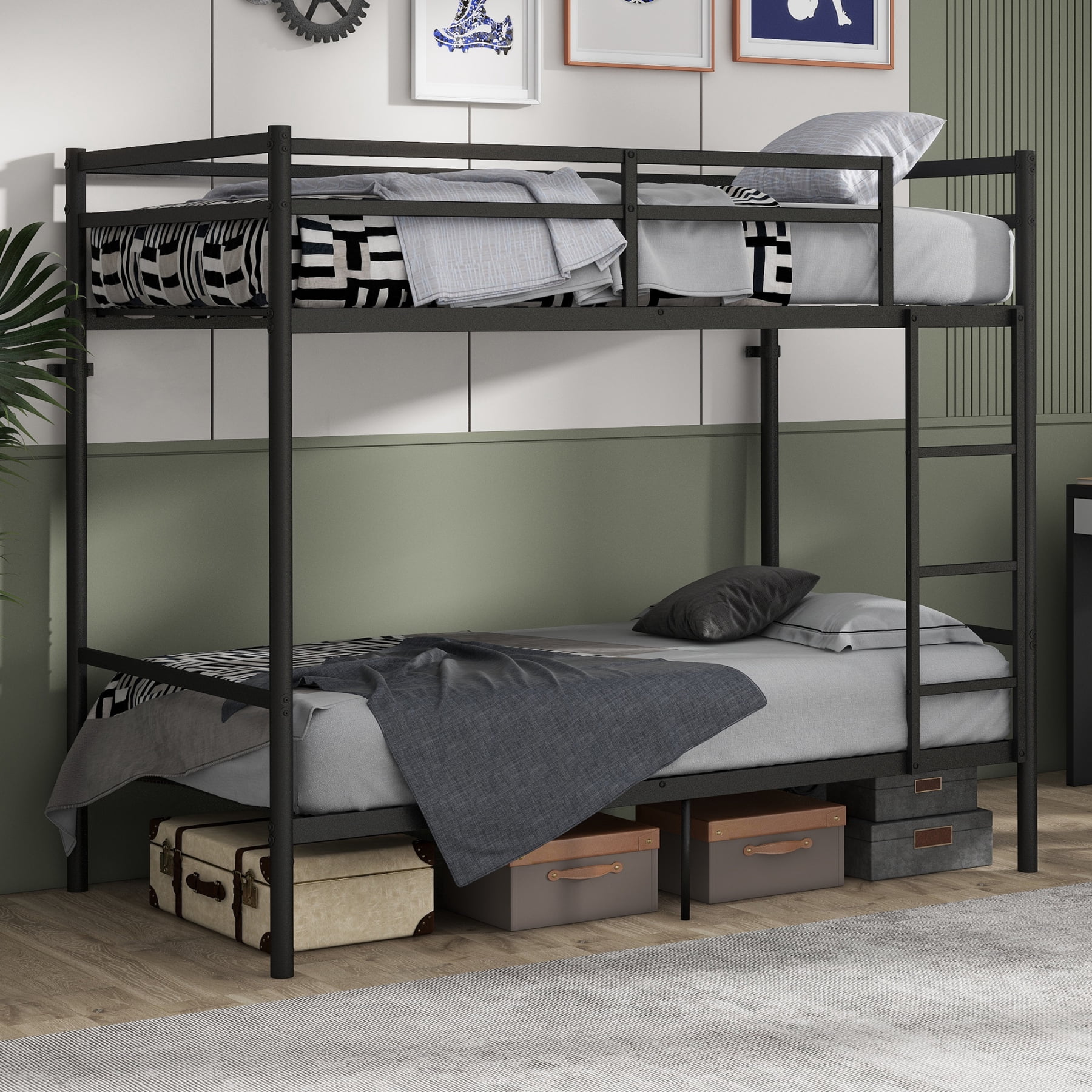Leumius Metal Bunk Bed Twin Over Twin,Heavy Duty Steel Bunk Beds with Ladder & Full Guardrail,Black