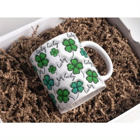 1pc Valentine s Day kitchen utensils 3D Lucky Four Leaf Glitter Clover Inflated Mug Wrap Design 11oz Puffy St Patrick s Day Mug Mug Designs