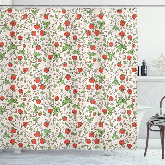 Ambesonne Strawberry Shower Curtain, Doodle Flower Branch, 69"Wx75"L, Fern Green Vermilion