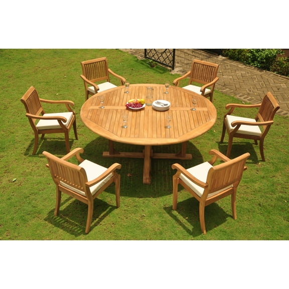 Teak Dining Set: 6 Seater 7 Pc: 72" Round Dining Table And 6 Arbor Stacking Arm/Captain Chairs Outdoor Patio Grade-A Teak Wood WholesaleTeak #WMDSAB61