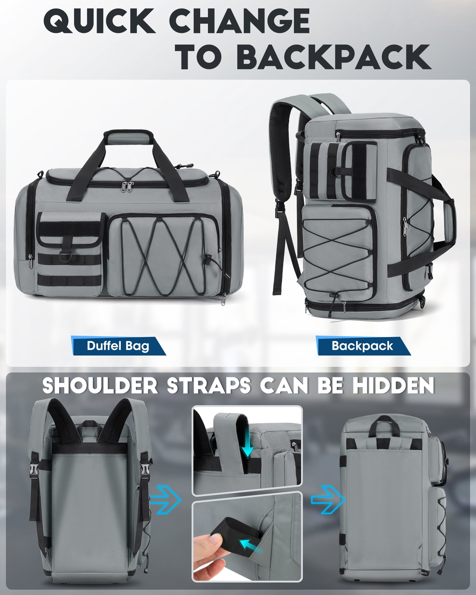 Gym Bag for Men 45L Sports Duffel Bags 3-in-1 Travel Duffel Bag with Shoe Compartment,Gym Workout Backpack Weekender Bag Overnight Bag for Travel, Grey
