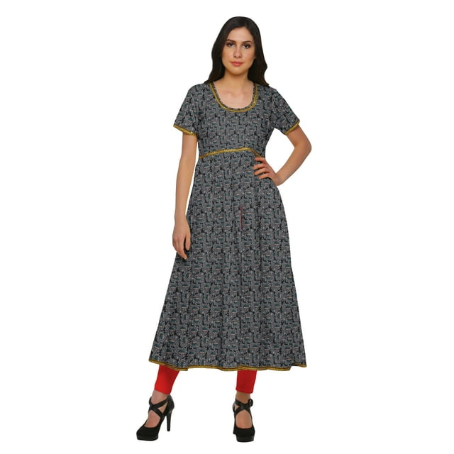 Moomaya Robes Imprimées à Fente avant pour Femmes Kurti à Manches Courtes Tenue d'Été