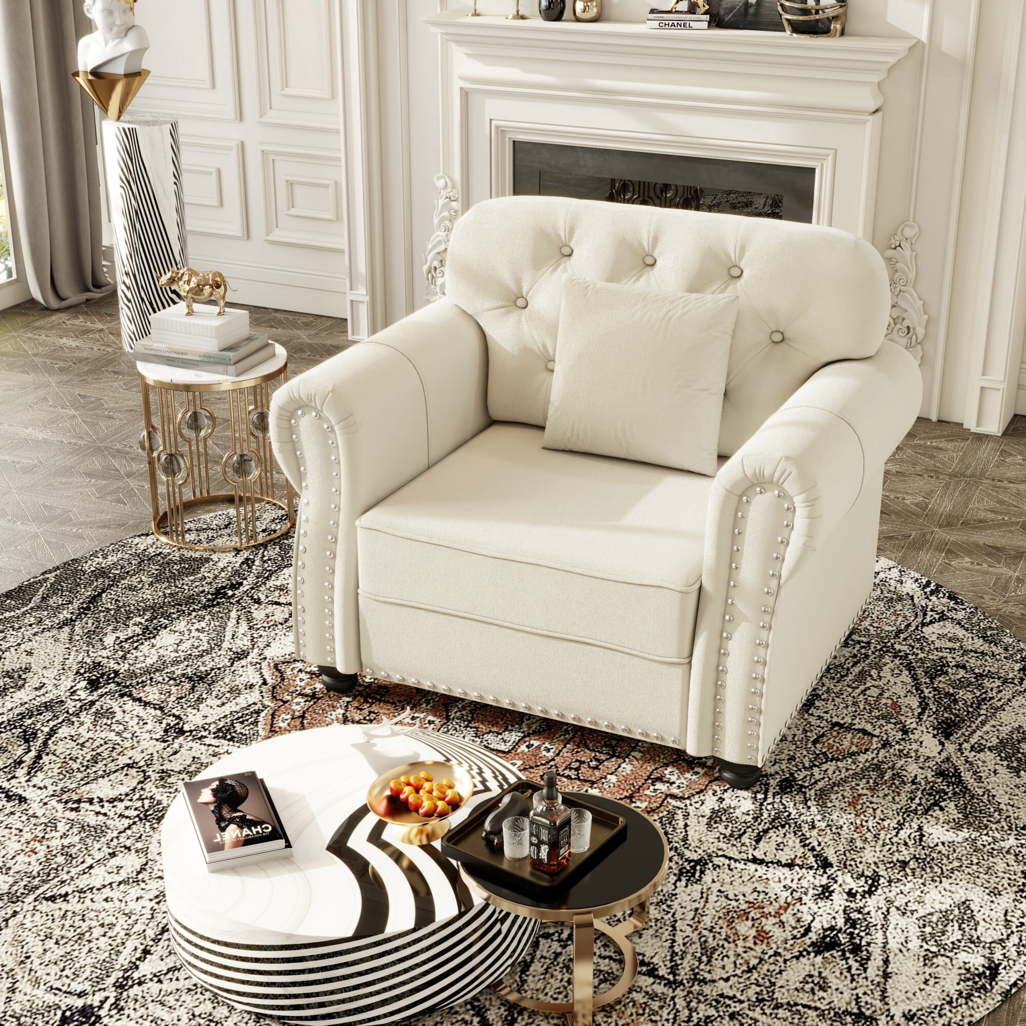 AENKYO 41.3" Chesterfield Velvet Accent Chair, Tufted Single Sofa with Nailhead Trim and Rolled Arms, Beige
