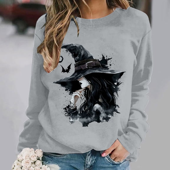 BRGZLK Halloween Witch Sweatshirts Women 2026 Fall Novelty Crew Neck Horror Season Long Sleeve Lightweight Warm Comfort Soft Pullover Tshirt for Party Gray S