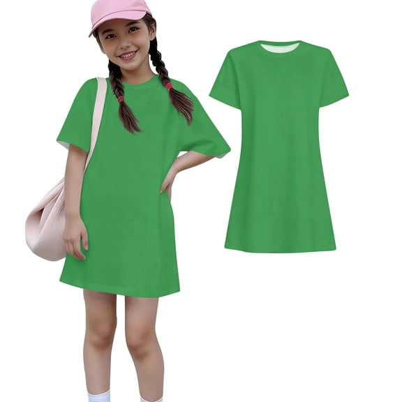 Abcomgle Girls Casual Dresses 10-12 Casual A Line Short Sleeve Girls Tshirt Dresses Solid Sundresses Basic Crew Neck Lightweight Dresses,Dark Green,2-3Years