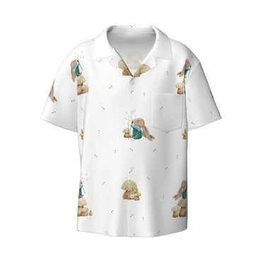Disketp Men's Hawaiian Rabbit Blowing Dandelions Print Shirts Button Down Holiday Beach Shirts-Small