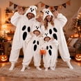 thumbnail image 2 of Halloween Pajamas Ghost Themed Hooded Onesie Plush Pjs for Women (White M), 2 of 8