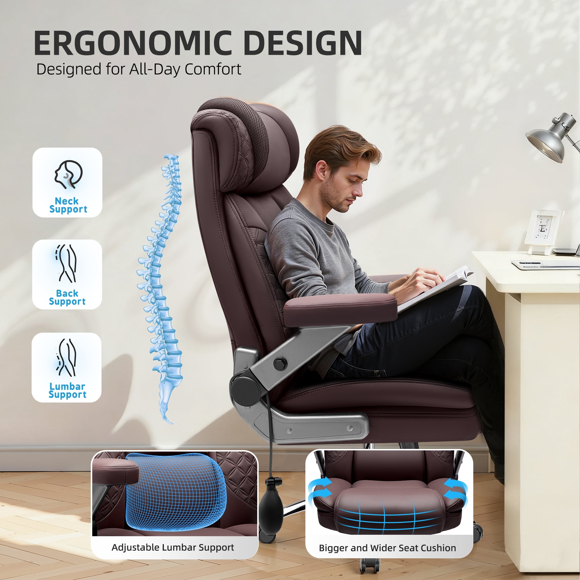 FASTES Leather Office Chair Big and Tall Desk Office Chair, 500lbs Computer Chair Ergonomic Extra Wide Gaming Chair with Adjustable Lumbar Support 5D Flip Arms,Coffee