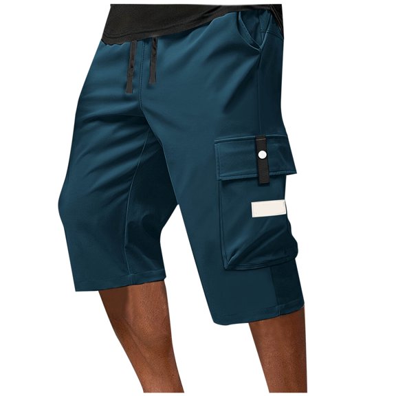 BVnarty Men's Summer Outdoor Capri Shorts Adjustable Drawstring Waist Straight Leg Multi Pocket Hiking Fitness Casual Pants Dark Blue L