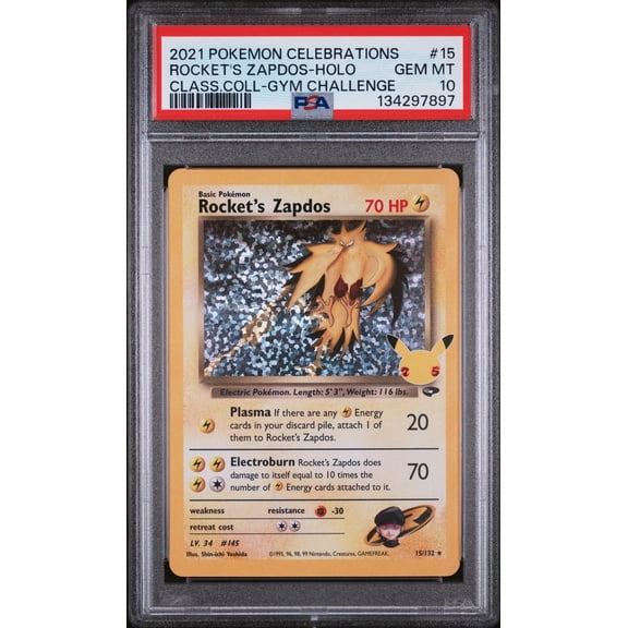Graded 2021 PKM Celebrations Classic Collection Rocket's Zapdos HOLO #15 Gym Challenge Trading Card Game PSA 10 Gem Mint