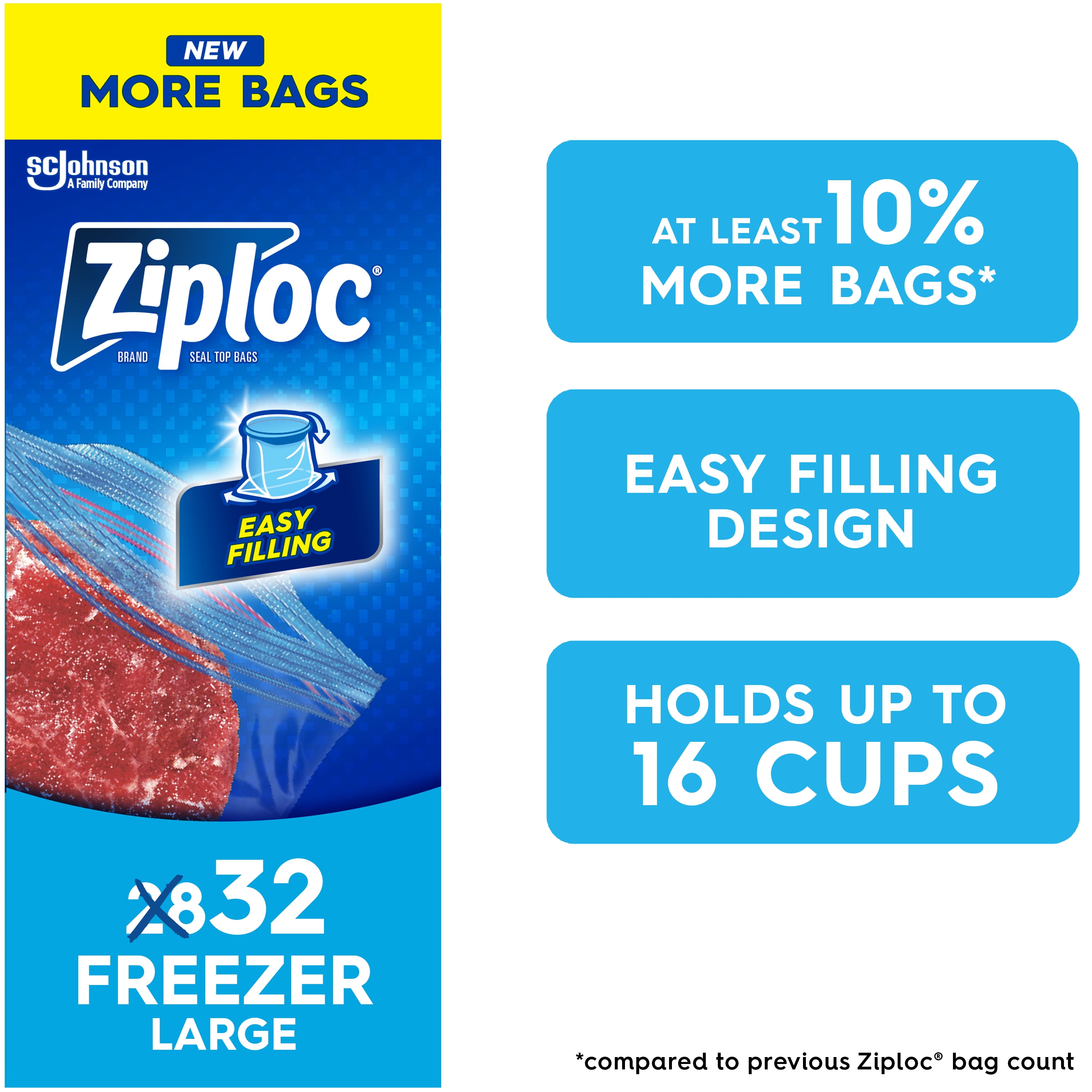 Ziploc® Freezer Bags with Stay Open Technology, Large, 32 Bags