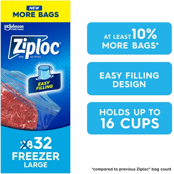 Ziploc® Freezer Bags with Stay Open Technology, Large, 32 Bags