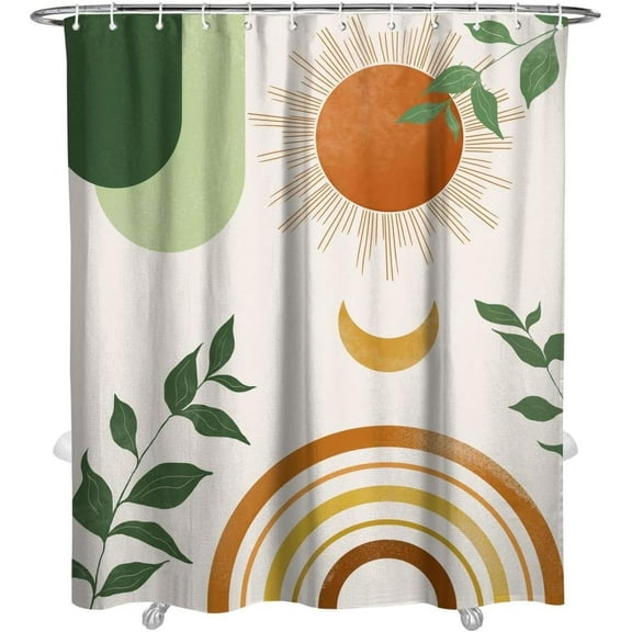 Mid Century Abstract Boho Aesthetic Shower Curtain Set, Green Nature Leaf Sun Modern Minimalist Home Bathroom Curtain Decor with 12 Hooks 72 Inch Wide * 84 Inch High