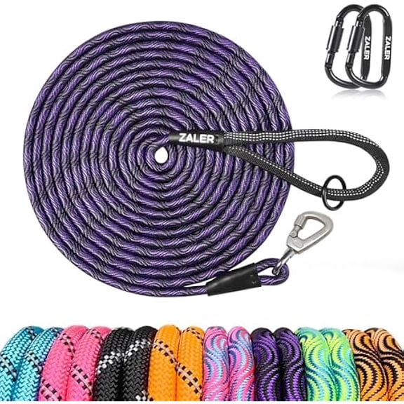 Eryueer Long Dog Leash, 50 feet 30ft 20ft 15ft 10ft Dog Training Lead, Heavy Duty Check Cord Recall Leash for Dogs Training, Playing, Camping, or Backyard (50FT, Black Purple)