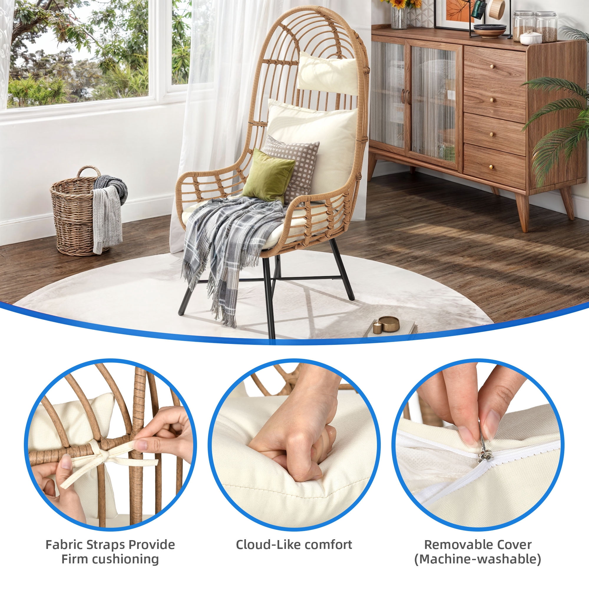 Uforic Wicker Outdoor Egg Chair,Patio Narrow Egg Chair ,Basket Chair With Cushions - Beige