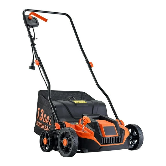 2-in-1 Electric Dethatcher and Scarifier, Corded Lawn Dethatcher with 13-Gallon Thatch Collection Bag, 5-Position Depth Adjustment, Walk Behind Machine for Garden Yard Grass