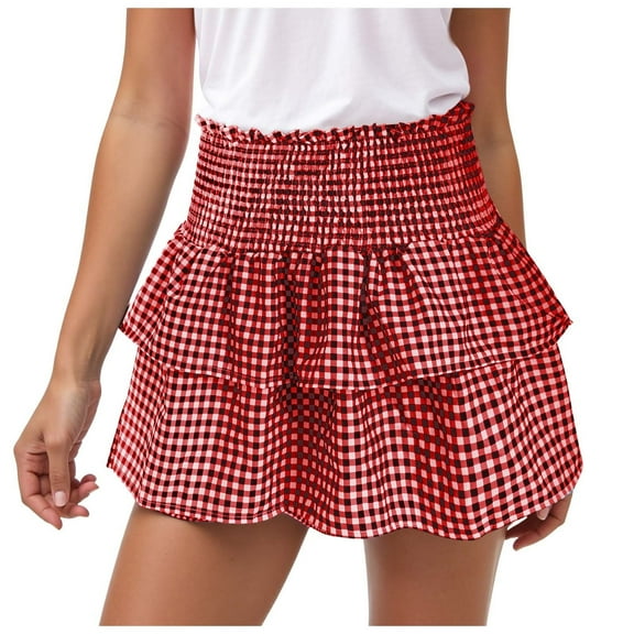 adviicd Women Y2k Plaid Ruffle Mini Skirt Smocked Waist Pleated Tiered Short Skirt Aline Gingham Skirt Streetwear Red, XL