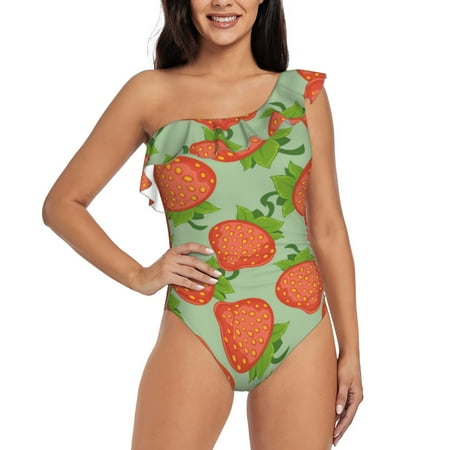 Goofa Hand Drawn Strawberry Pattern Women s One Piece Swimsuits Tummy Control Bathing Suits Asymmetric One Shoulder Swimwear-Medium