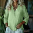 thumbnail image 2 of Breezora Women's Linen Blend Relaxed Fit Long Sleeve Tops with Stylish Print V Neck Casual Blouse for Everyday Wear L Size Green, 2 of 4