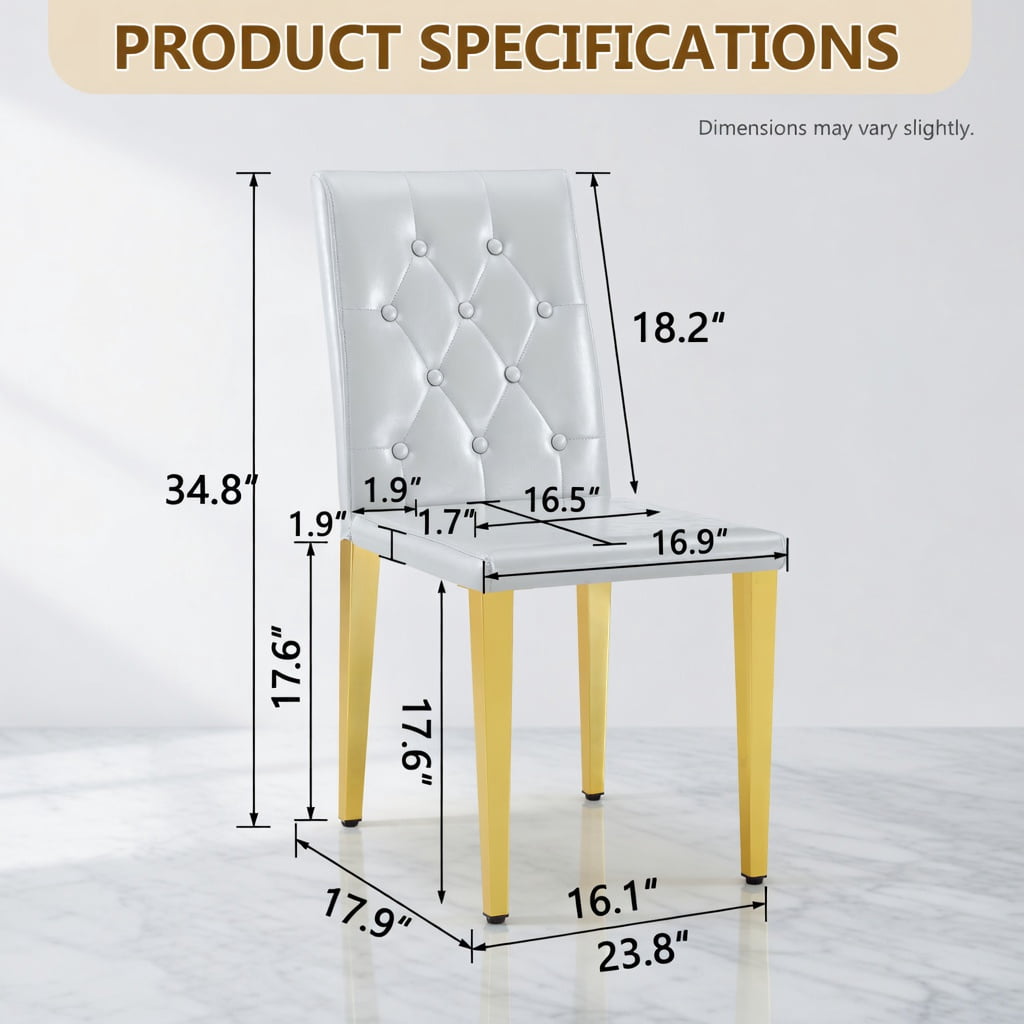 Hommoo 2-Pack PU Dining Chairs with Ergonomic Buckle Backrest & Metal Legs, 35" Height, Modern Luxury Design for Restaurants, Banquet Halls & Home Dining, Light Gray & Gold