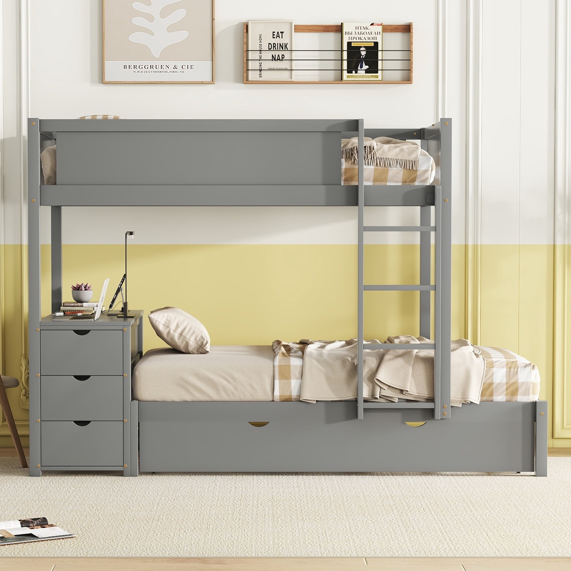 Twin over Twin Bunk Bed with Twin Size Trundle, 3 Storage Drawers and Desk, Solid Wood Kids Bunk Bed Frame with Ladder for Kids Teens Adults