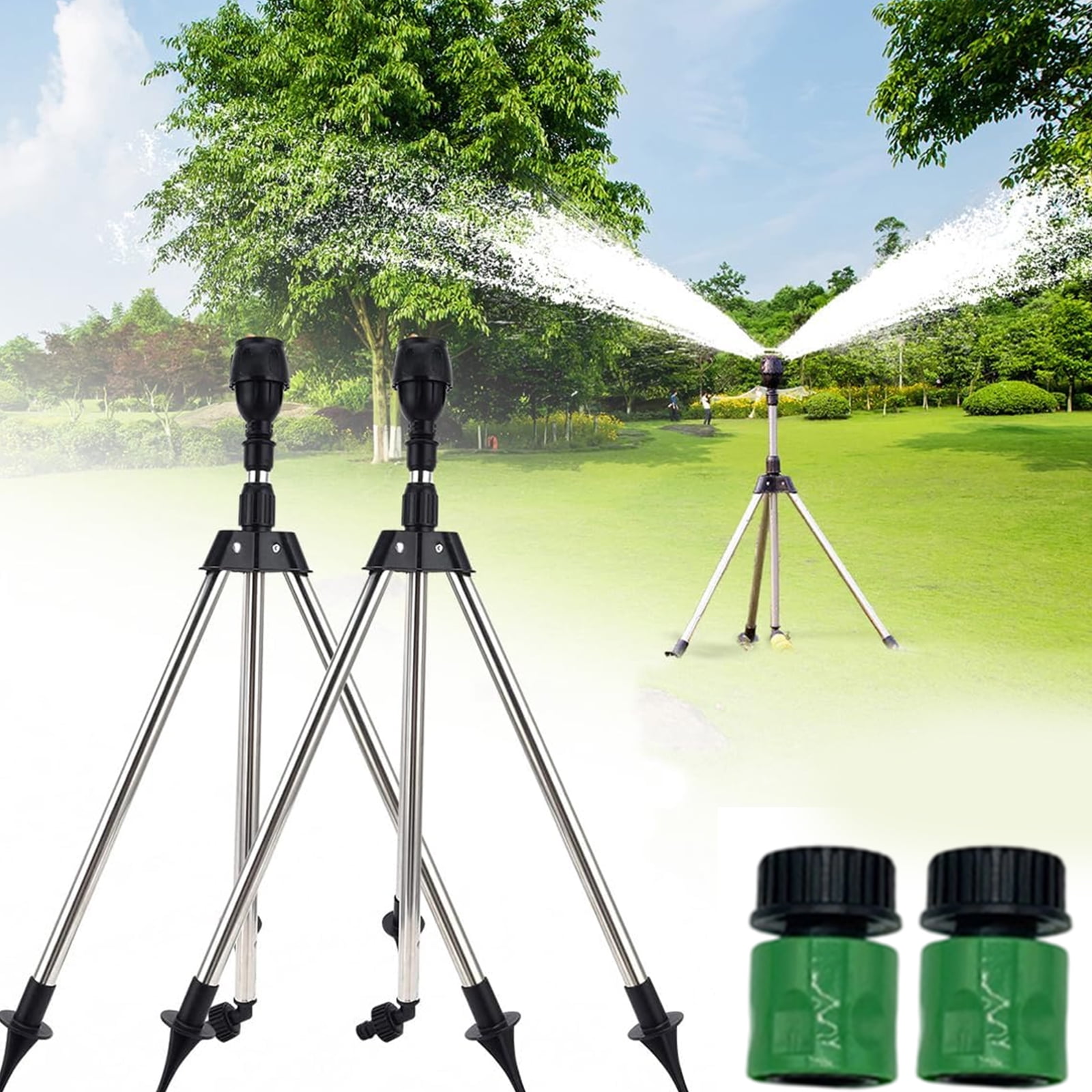 2PCS Stainless Steel Tripod Telescopic Support Automatic Rotating Sprinkler 360 Degree Rotary Garden Automatic Irrigation