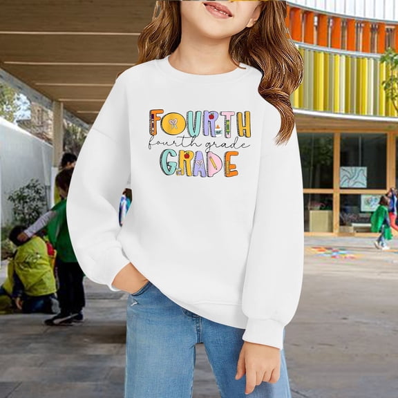GiLiling Girls Boys Fourth Grade Back to School Sweatshirts, Letter Print Long Sleeve Pullover Top, Casual Tops for First Day of School Outfits (White, 8-9 Years)
