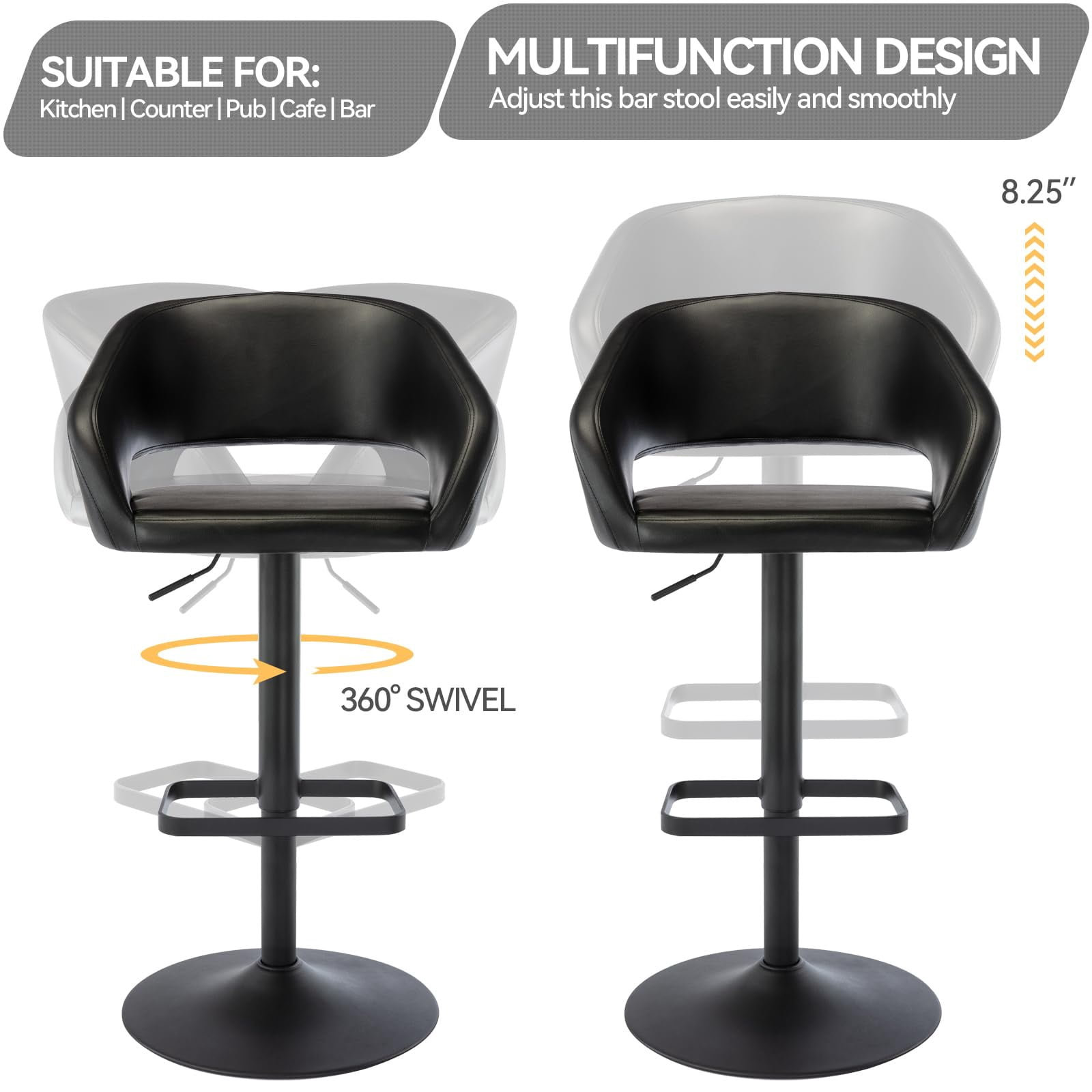 PU Leather Bar Stools, Adjustable Height 24."-32.25, Swivel Barstools with Back & Footrest, Upholstered Bar Chairs for Kitchen Island, Dining Room, Home Bar (Black, Black Base)