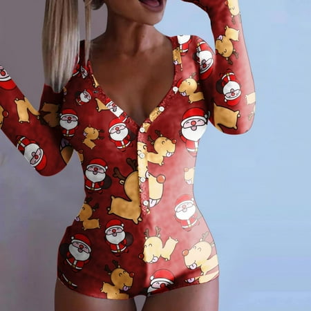 

50% off Clearance! purcolt Women s Sexy V Neck Onesie Bodysuit Pajamas Christmas Print Butt Flap Bodycon Rompers Shorts Long Sleeve Button Jumpsuit Sleepwear Overall Nightwear