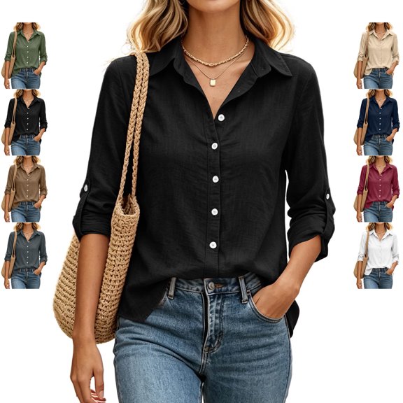 TGSLY Women's Roll Tab Long Sleeve Linen Tops Collared Button Down Office Shirts Relaxed Dressy Casual Curved Hem Solid Color Blouses XL