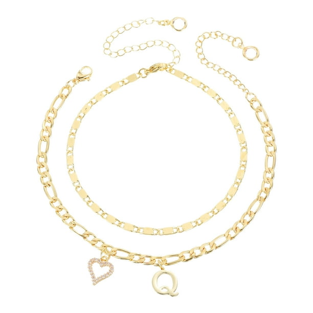 Uxcell Pulseras de Tobillo Inicial Corazón para Mujeres, Pulseras en Capa de Corazón Letra Q Baño de Oro de 14K, Cadena de Letras A-Z con Caja para Regalo de Verano, Tono Dorado
