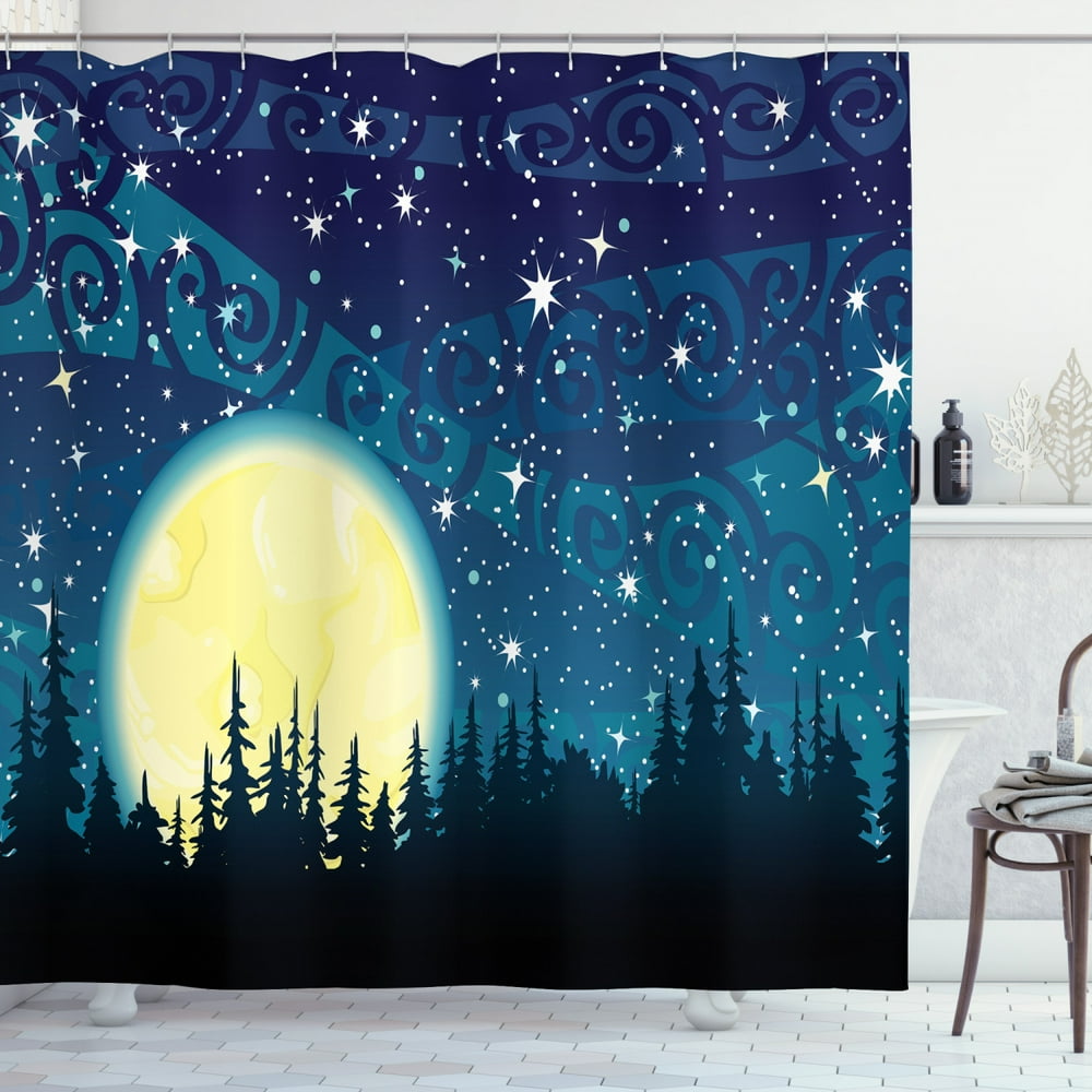 Starry Night Shower Curtain, Full Moon over the Forest Sky with Stars