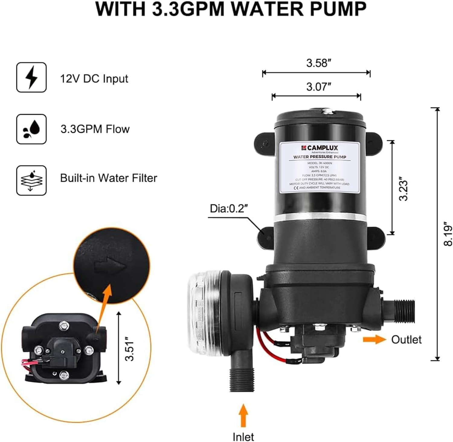 CAMPLUX 2.64 GPM 68,000 BTU Outdoor Portable Propane Tankless Water Heater with 3.3 GPM Water Pump Kit, CSA Certified