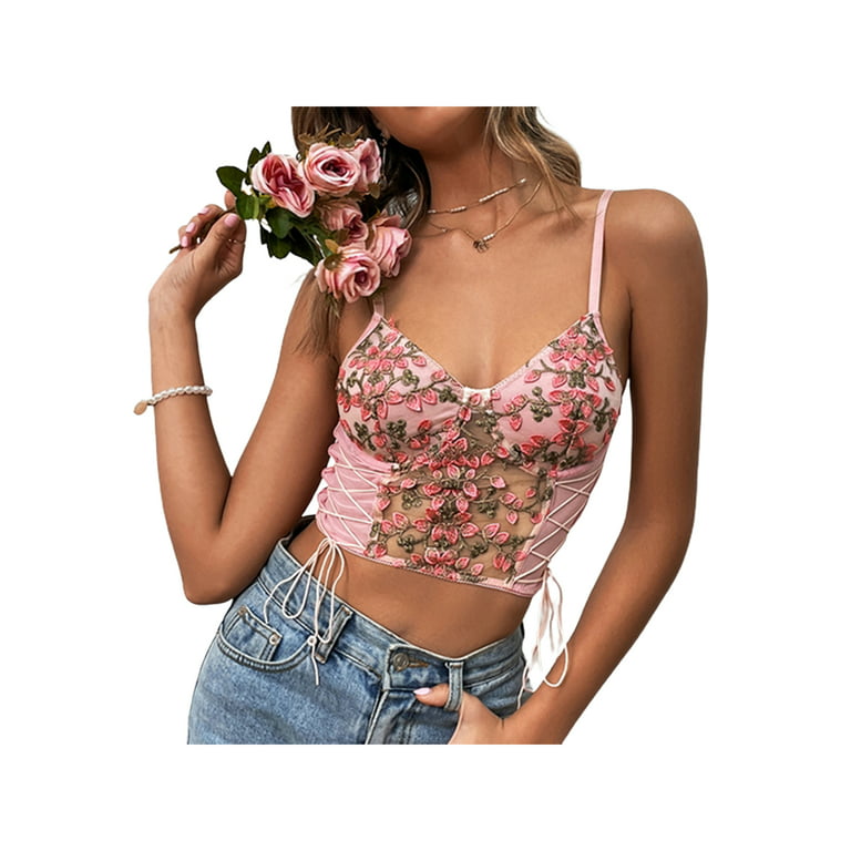 Lace-Up Floral Embroidered Cami Cropped Top