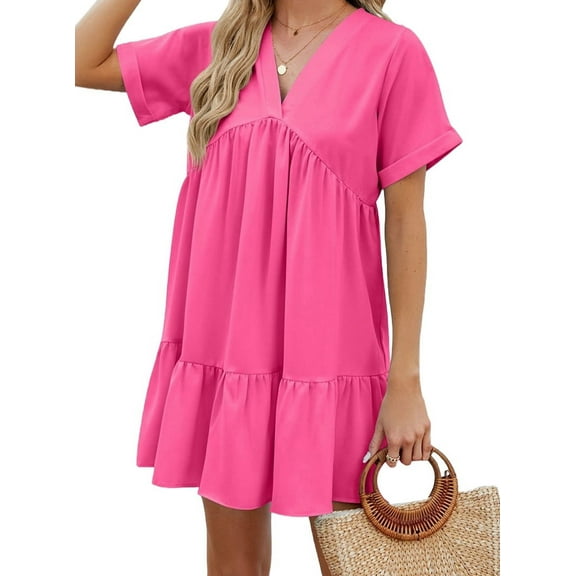 Summer Dresses for Women 2025 Vacation Short Sleeve V Neck Mini T Shirt Dress Pleated Ruffle Flowy Beach Rose Red M