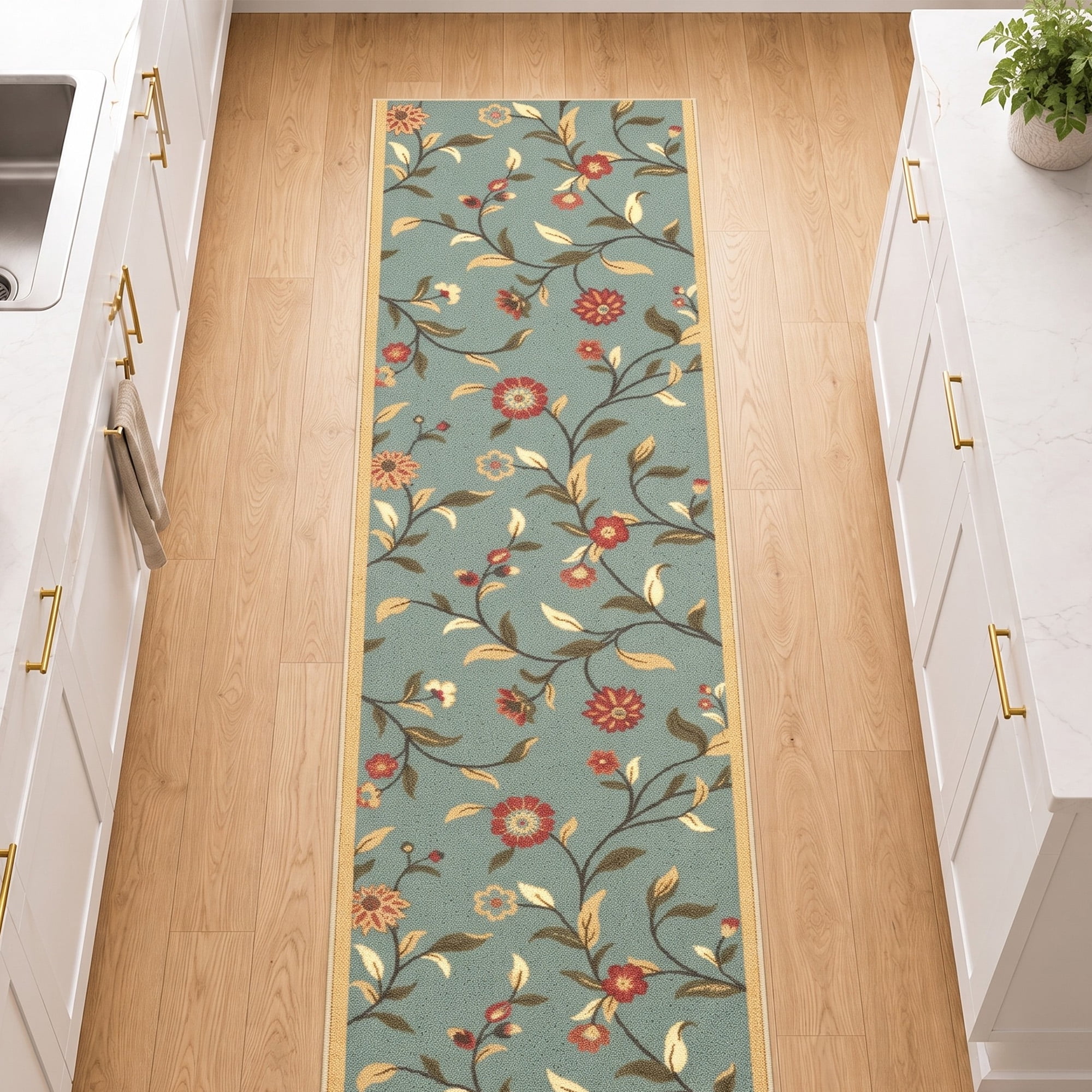 Ottomanson Extra Long Runner Rug 2'7" x 19' – Non-Slip Low Pile Hallway Carpet, Floral Seafoam Green