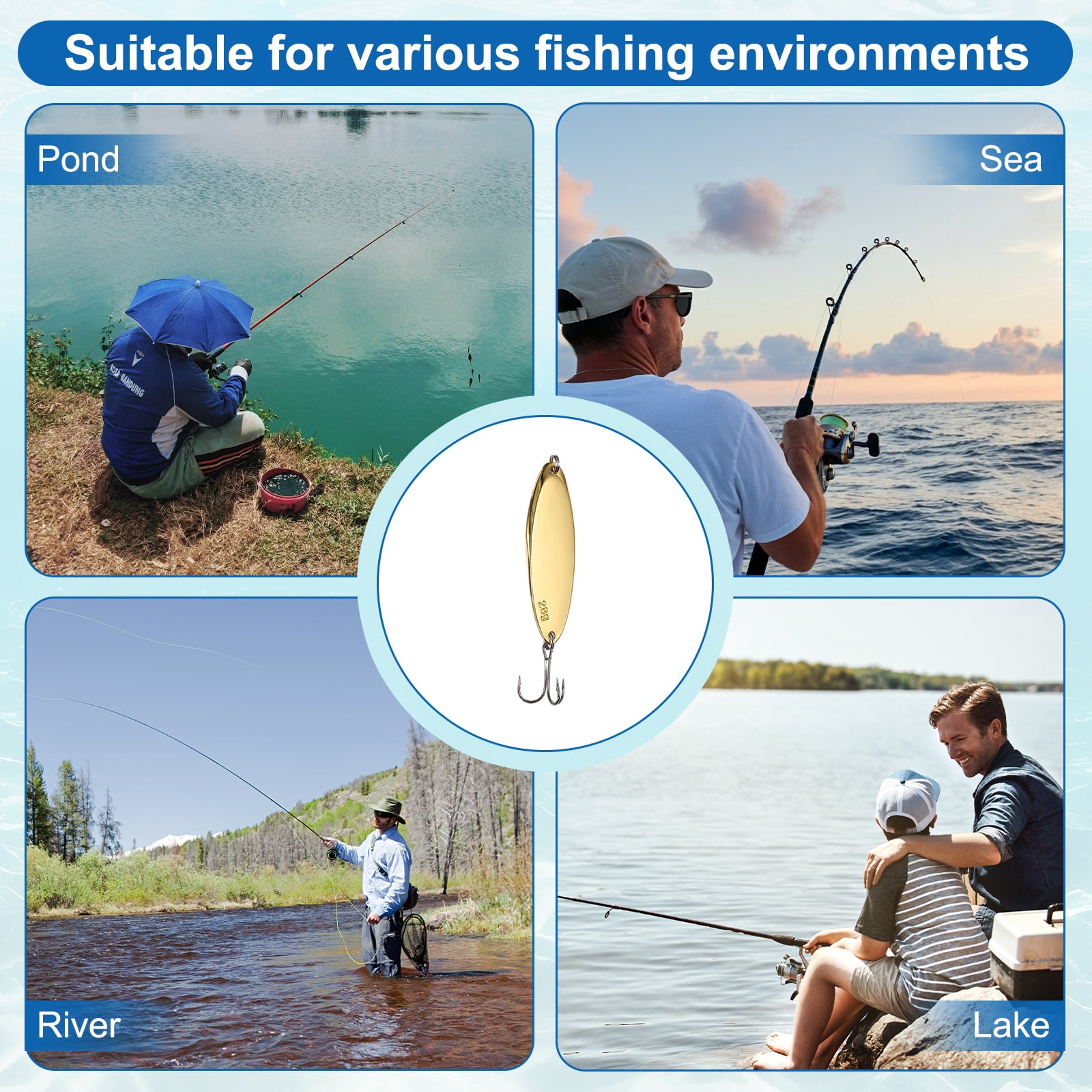 Uxcell Fishing Spoons Lures, Metal Saltwater Treble Trout Lures Jigging Spoon with Treble Hooks Casting Spinner Baits 10 Pcs & 3/4 oz & Gold - Fitting for (Freshwater/Salmon/Bass/Trout)