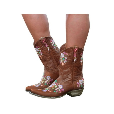 

Audeban Women s Embroidered Mid Calf Booties Chunky Cowboy Boots Casual Slip On Shoes