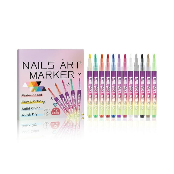 12 Colors Nail Art Pens Set, 0.7 MM Nail Polish Pens Set, 3D Nail Polish Pens Quick-Drying Acrylic Paint Markers, Dotting Liner Brush for DIY Nail Design, Home & Salon Manicure Tools