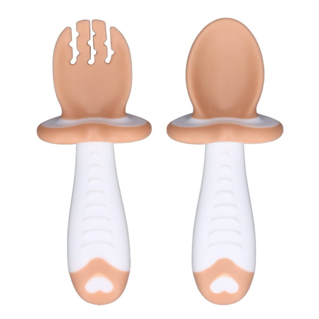 Baby Training Fork Spoon Spoons Forks Tableware Set Baby Fork Spoon Set Soft PP Short Handles Eat Training Toddler Feeding Utensils Tableware SetBrown