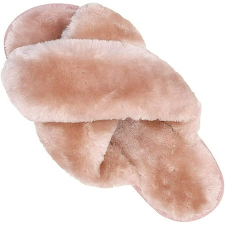 Womens Fuzzy House Slippers Cross Band Cozy Furry Plush Spa Slippers Sandals Memory Foam Soft Warm Flats Anti-Slip Indoor Outdoor Slides Shoes