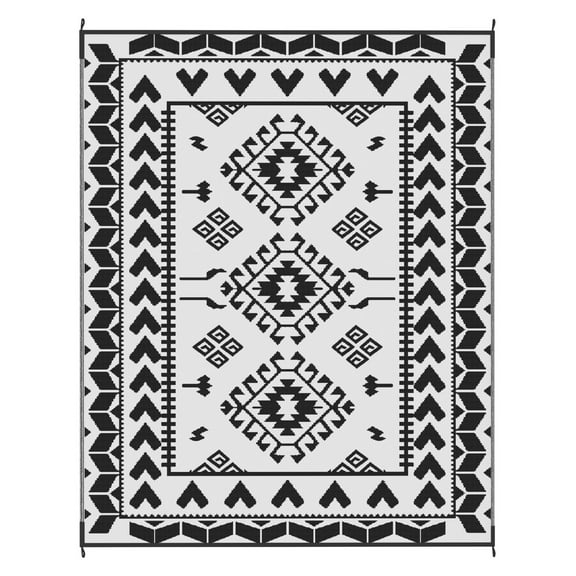 Outdoor Rug 8x10 Reversible - Waterproof Patio Rug with Carry Bag - Black & White Rhombus Picnic Rug for Camping, RV, Beach, Garden