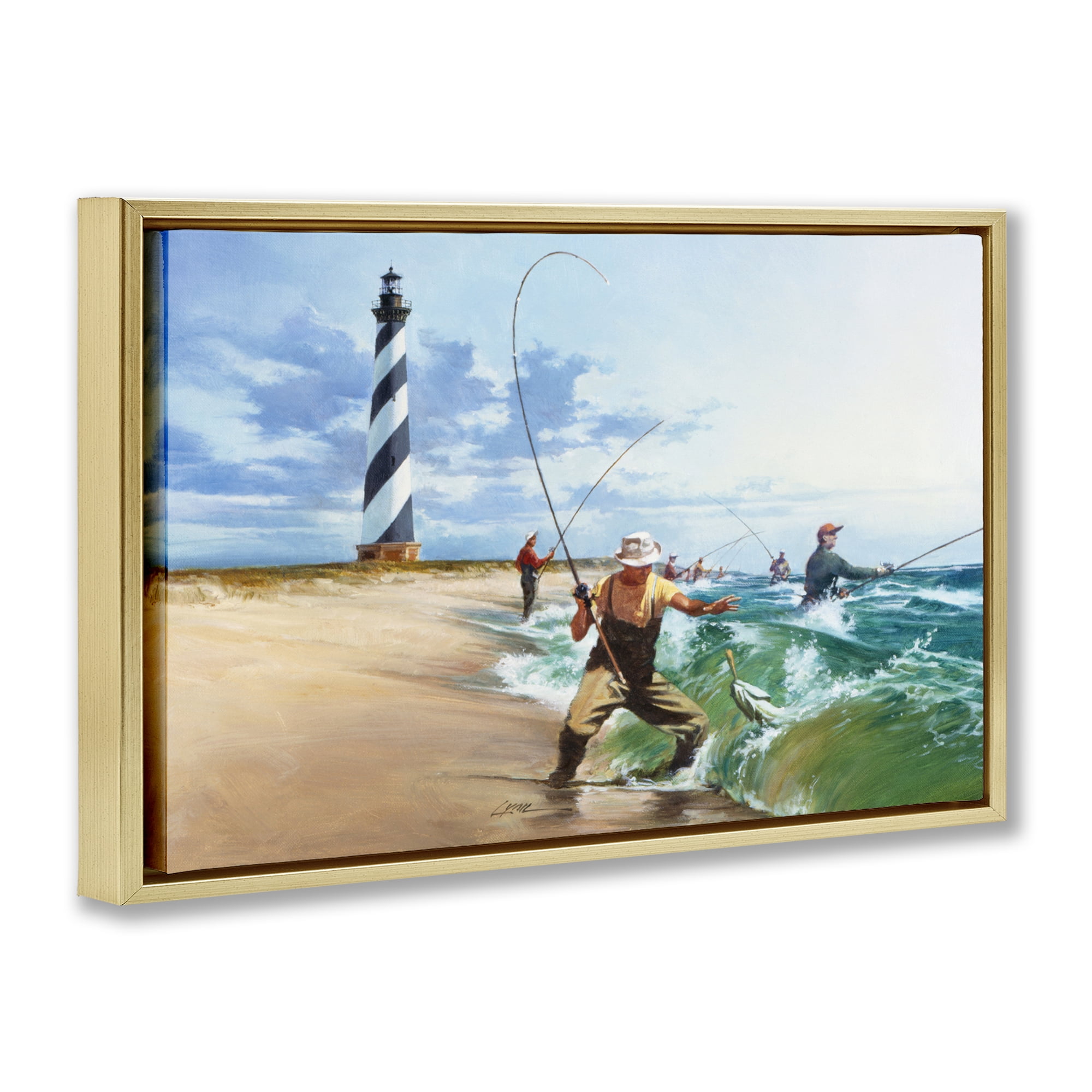 Cape Hatteras Fishermen Gold Framed Floater Canvas Wall Art, design by Wind River Studios