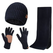 3Pcs Winter Scarf Beanie Hat Gloves Set for Men and Women Thick Knit Skull Cap Warm Touchscreen Gloves Navy